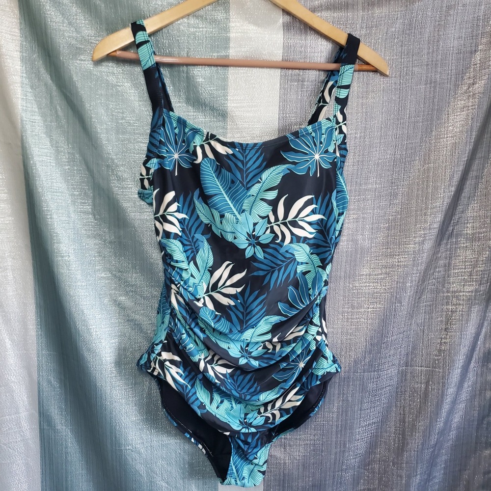 Womens Large Tropical Palm Leaf Ruched One Piece Swimsuit Blue Vacation Resort